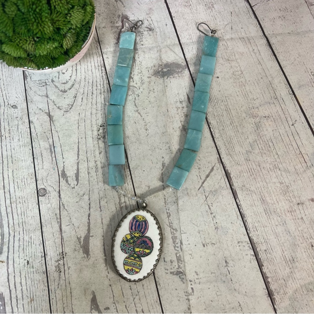 Vintage Blue Stone Necklace Oval Pottery Pendant hand-painted Ceramic Metal OOAK - Picture 16 of 16